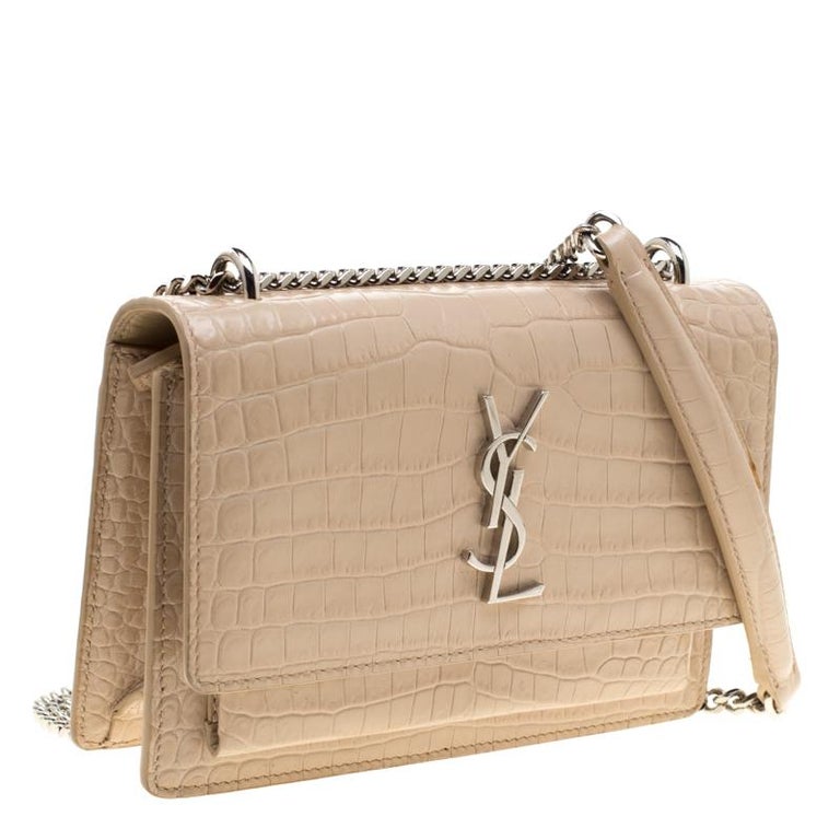 Saint Laurent Beige Croc Embossed Leather Sunset Shoulder Bag For Sale