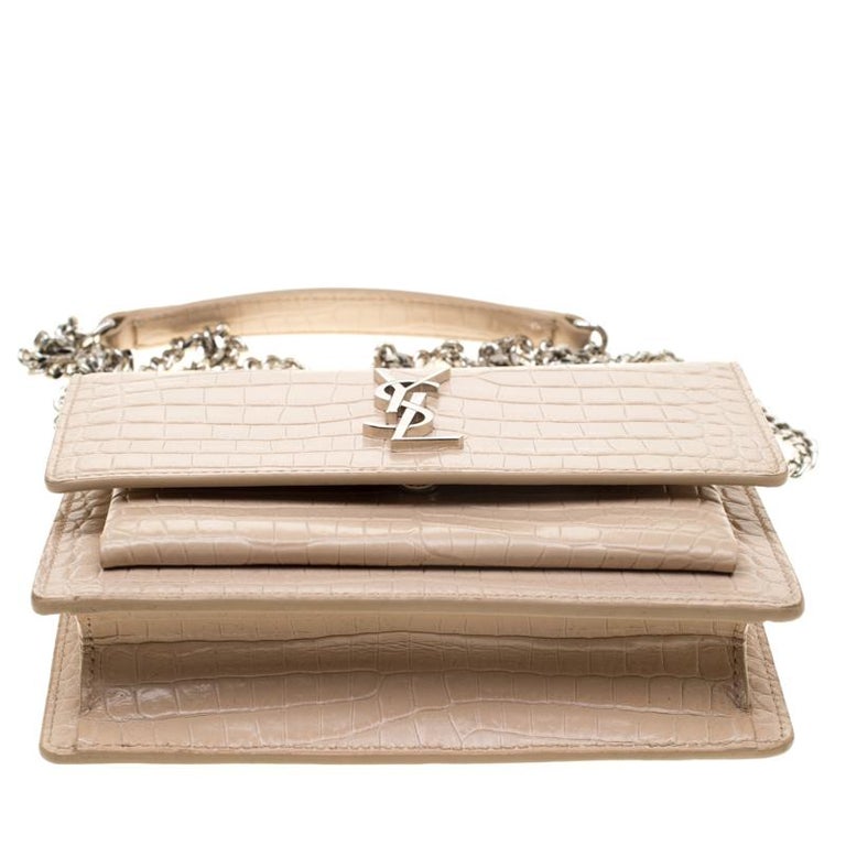 Saint Laurent Beige Croc Embossed Leather Sunset Shoulder Bag For Sale