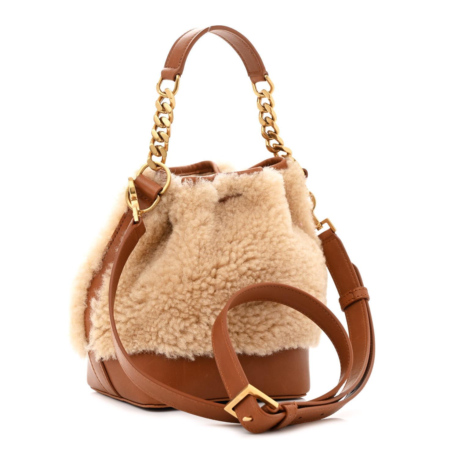 Saint Laurent Beige Lambskin Shearling Emmanuelle Bucket Bag In New Condition For Sale In Montreal, Quebec