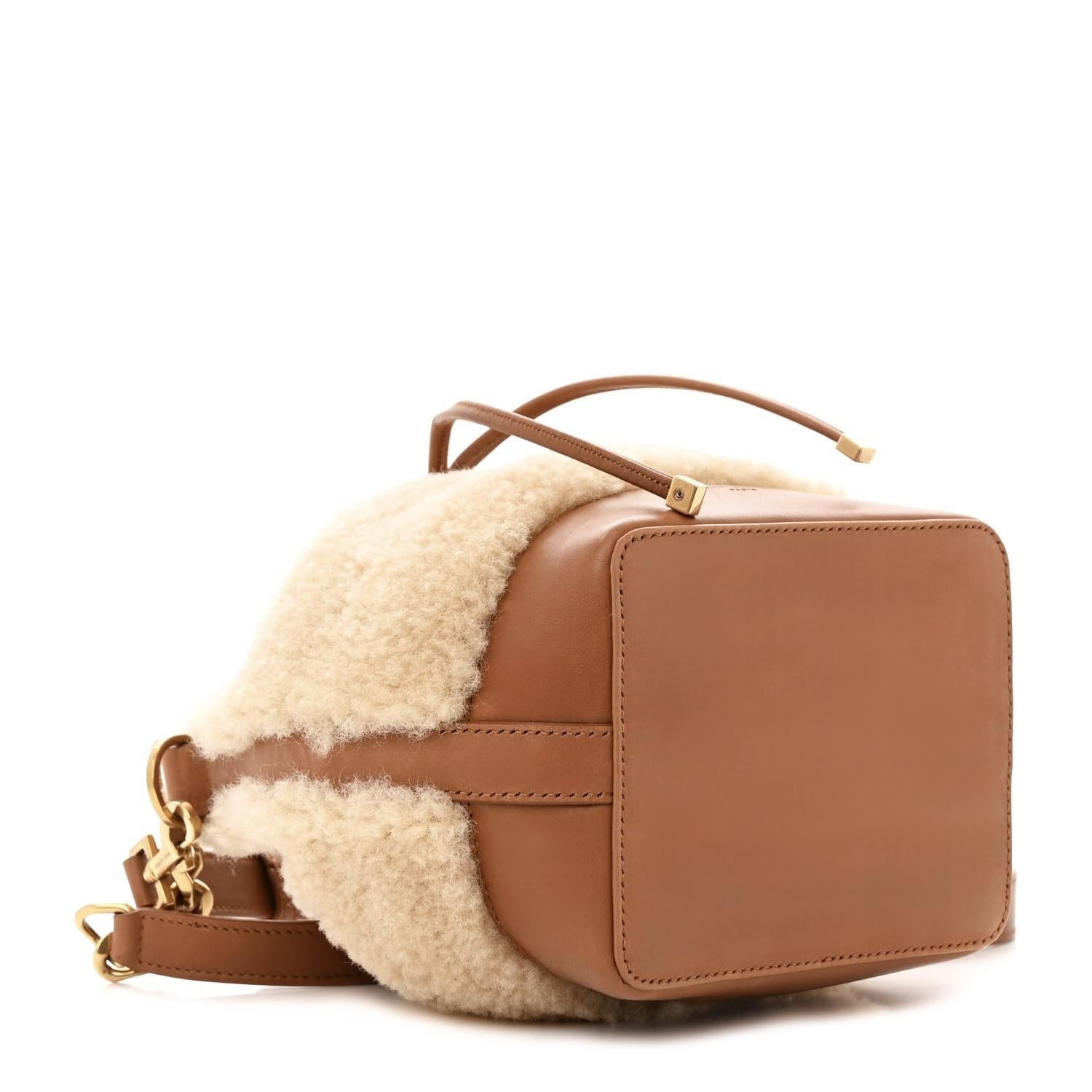 Saint Laurent Beige Lambskin Shearling Emmanuelle Bucket Bag For Sale 1