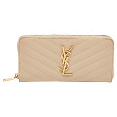 Saint Laurent Beige Leather Monogram Zip Around Wallet
