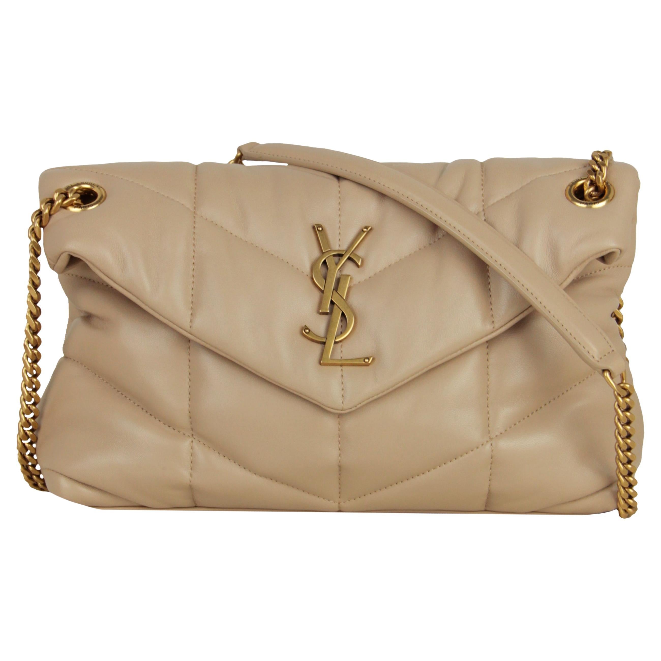 Saint Laurent Beige Leather Small Loulou Puffer Bag For Sale at