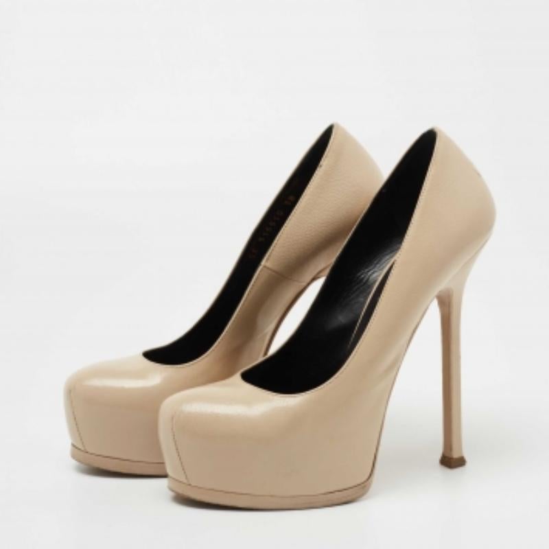 Beige Saint Laurent escarpins à plateforme Tribtoo en cuir beige, taille 38 en vente