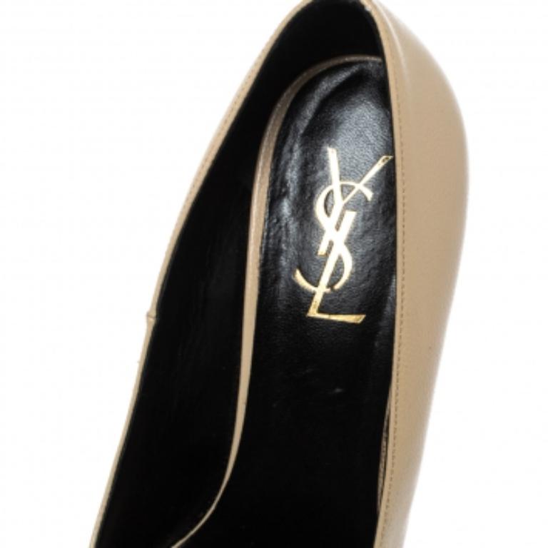 Saint Laurent Beige Leather Tribtoo Platform Pumps Size 38.5 In Good Condition For Sale In Dubai, Al Qouz 2