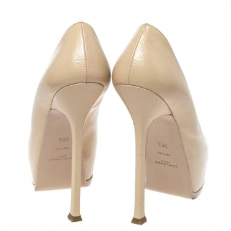 Women's Saint Laurent Beige Leather Tribtoo Platform Pumps Size 38.5 For Sale