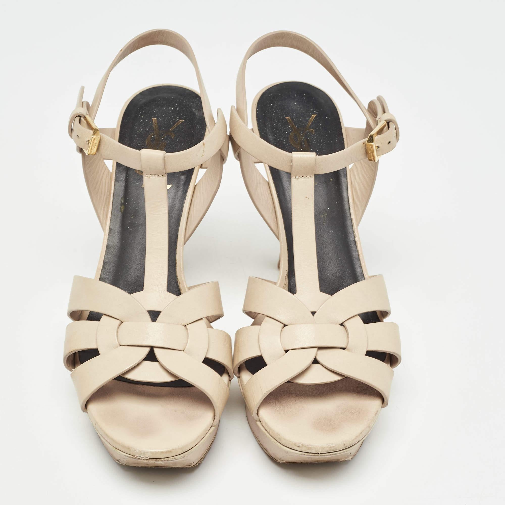 Saint Laurent Beige Leather Tribute Sandals Size 36.5 In Fair Condition In Dubai, Al Qouz 2