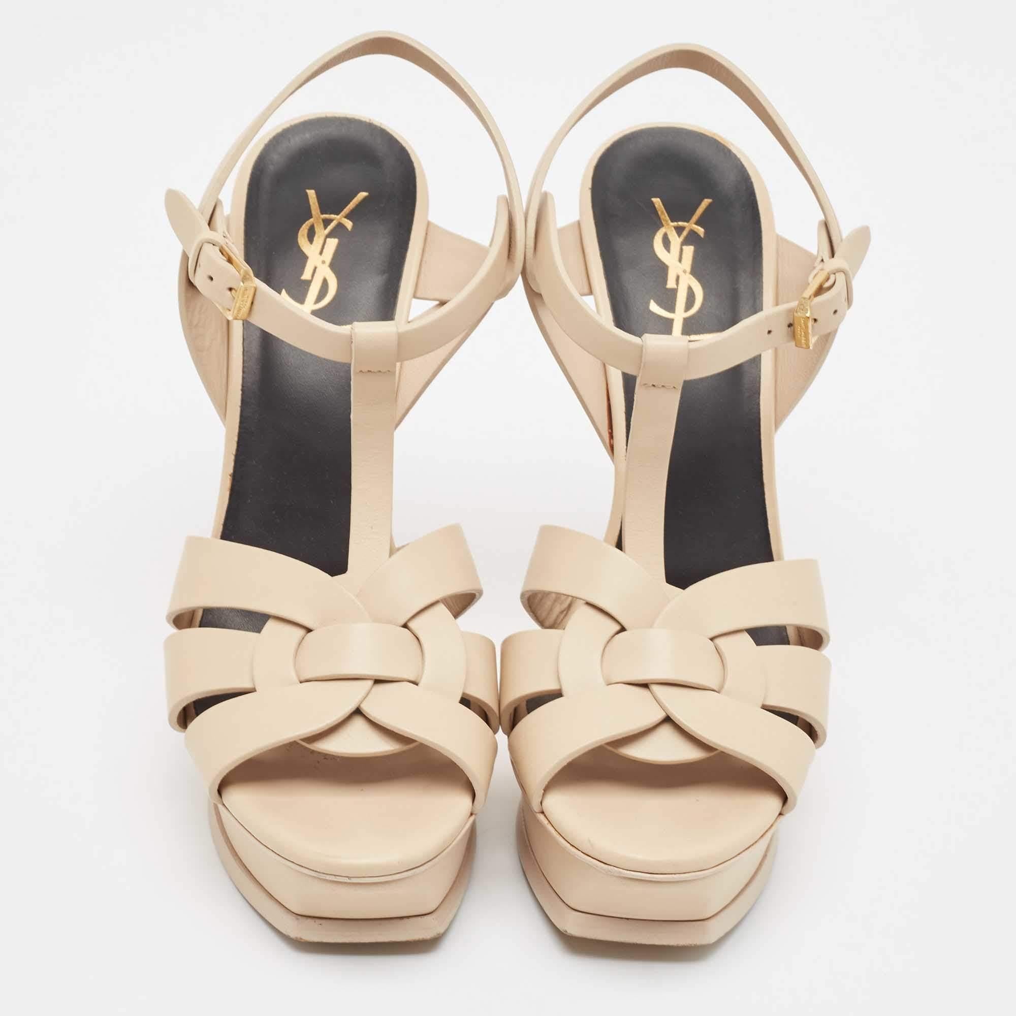 Saint Laurent Beige Leather Tribute Sandals Size 39 In Good Condition For Sale In Dubai, Al Qouz 2