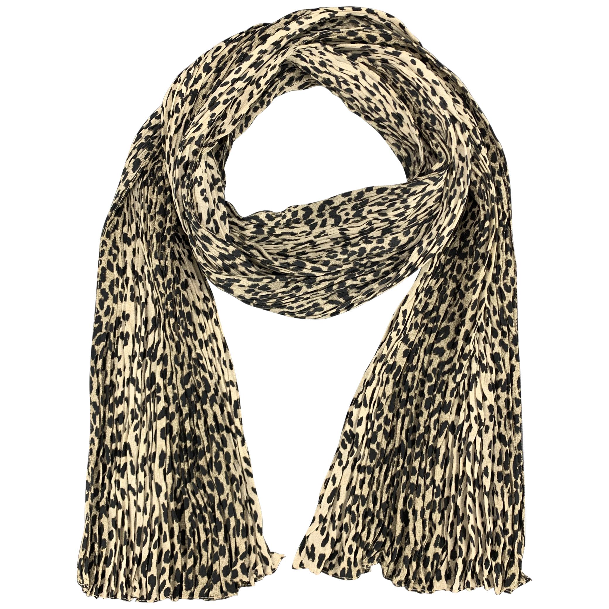 SAINT LAURENT Beige Leopard Print Wrinkle Pleated Silk Scarf
