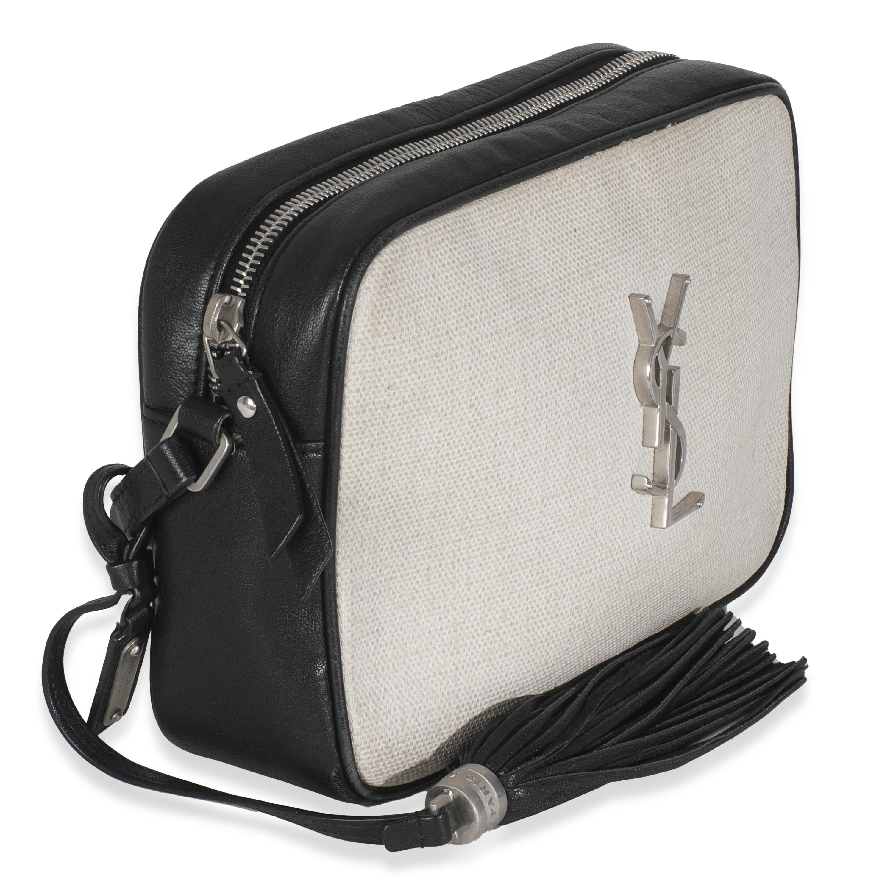 Saint Laurent Beige Linen Canvas Black Lou Camera Bag In Fair Condition For Sale In New York, NY
