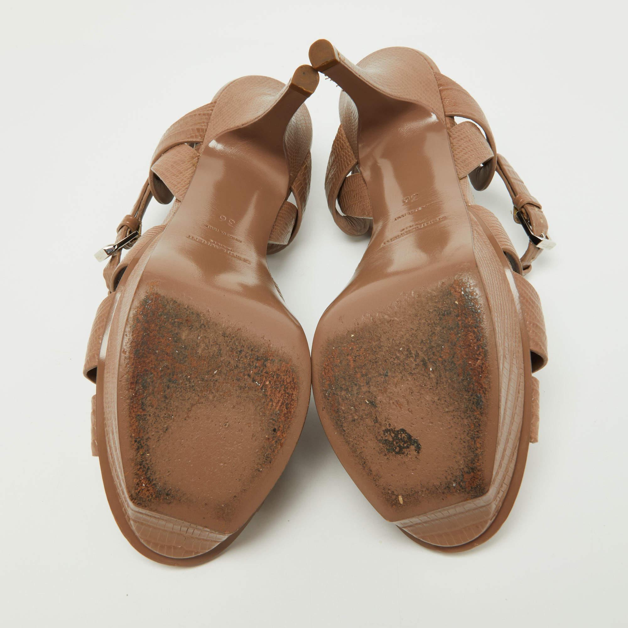 Women's Saint Laurent Beige Lizard Embossed Leather Tribute Sandals Size 36