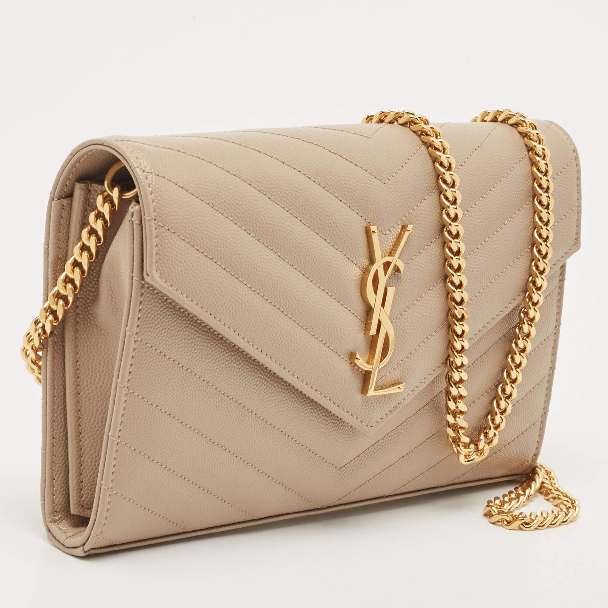 Women's Saint Laurent Beige Matelassé Leather Cassandre Wallet on Chain