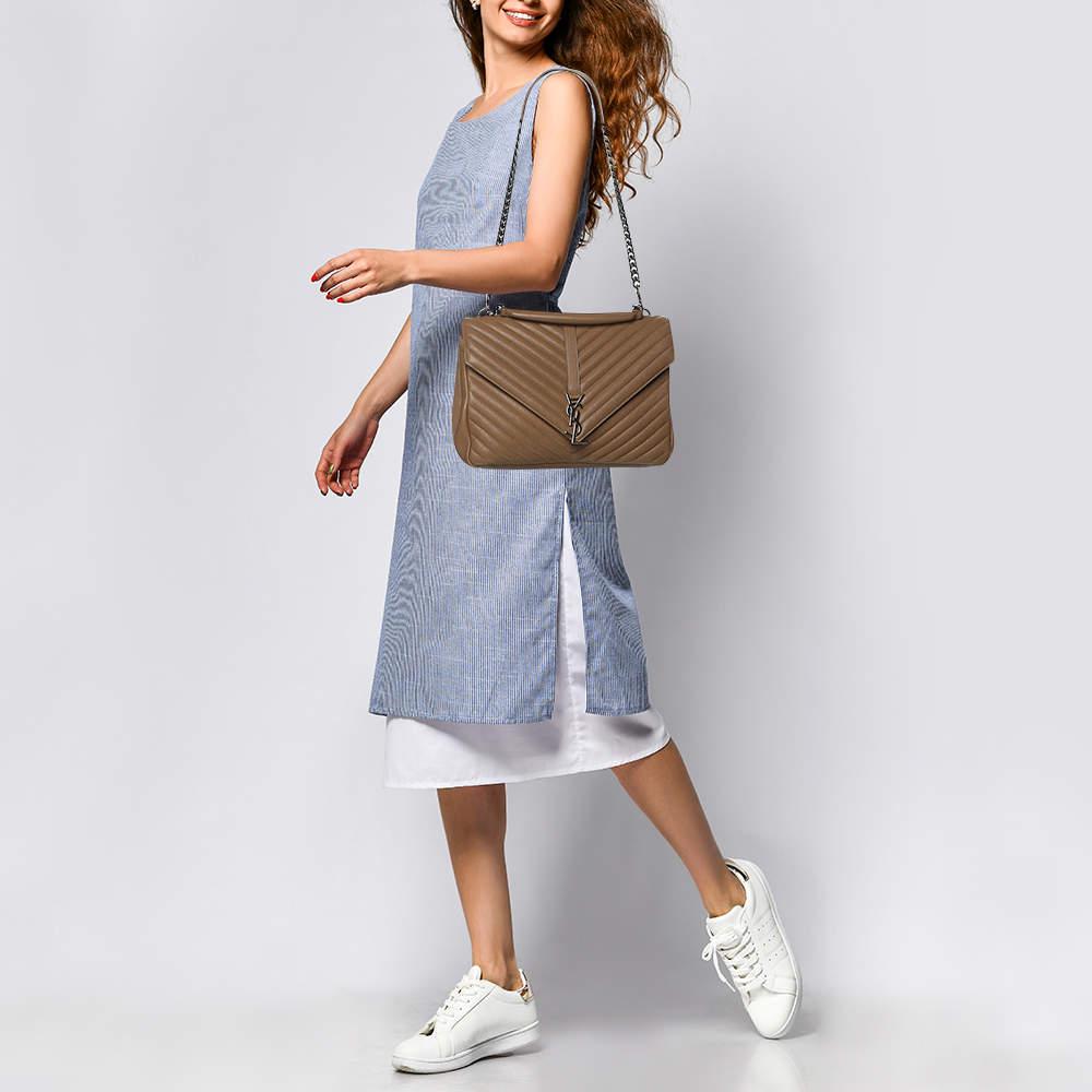 The versatility of this Saint Laurent bag makes it an ideal choice for your day and night endeavors. Crafted from matelassÃ© leather  the brand signature adorns the envelope like front flap of the bag and the shoulder strap makes it convenient to