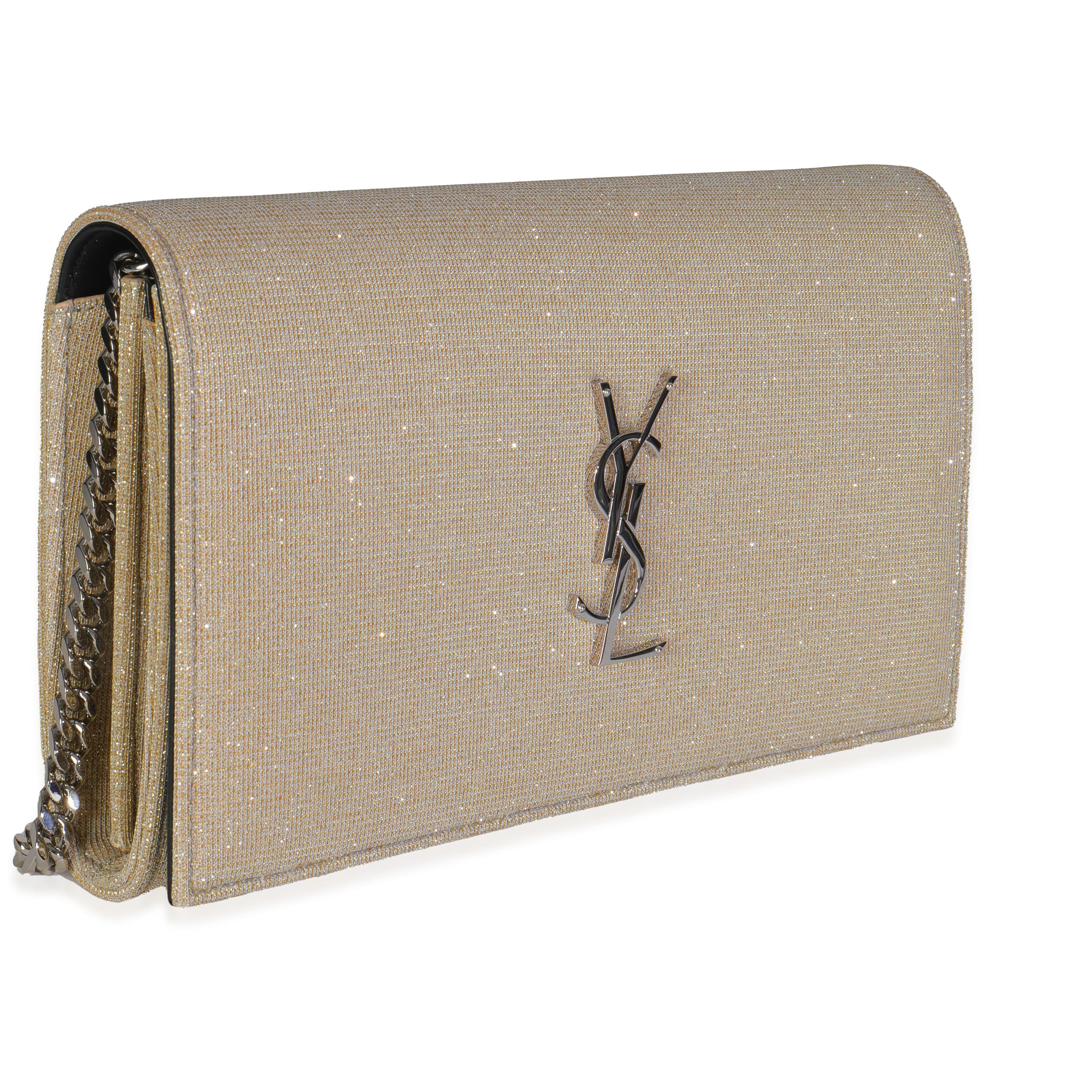 Beige Saint Laurent Borsa a catena Monogram Kate in tessuto scintillante metallizzato beige in vendita