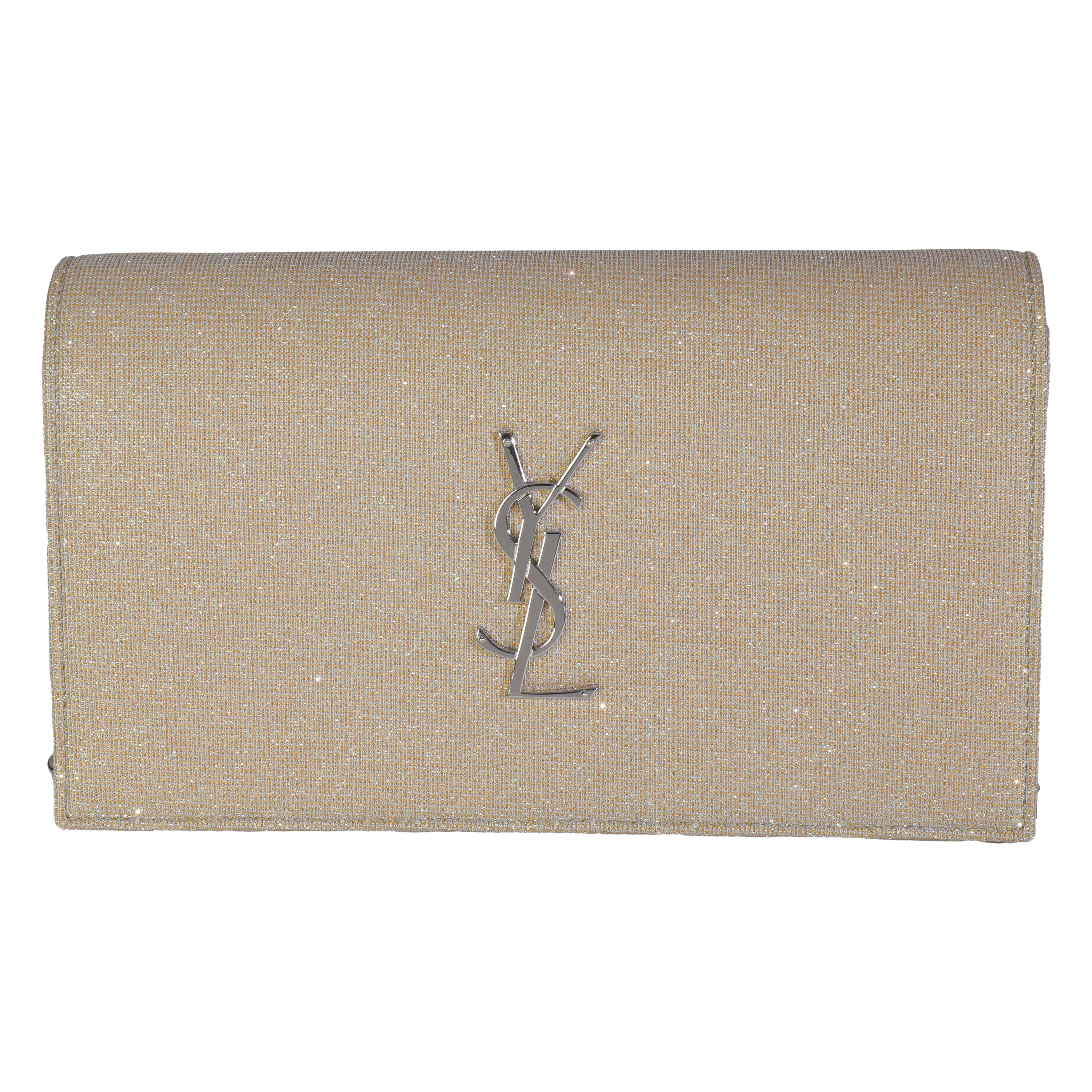 Saint Laurent Borsa a catena Monogram Kate in tessuto scintillante metallizzato beige