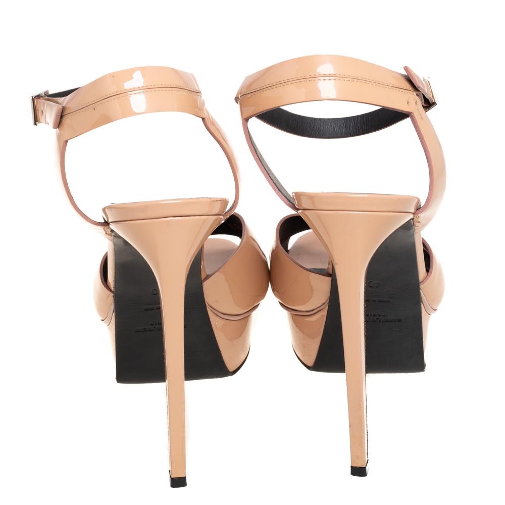 Women's Saint Laurent Beige Patent Leather Bianca Ankle Strap Platform Sandals Size 40
