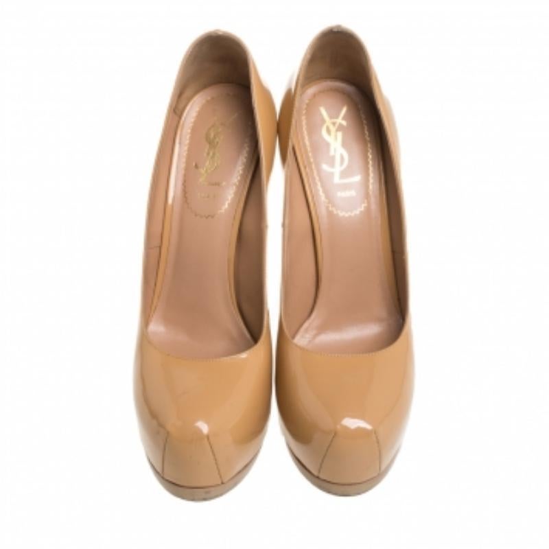 Saint Laurent Beige Patent Leather Tribtoo Platform Pumps Size 36.5 For Sale 2