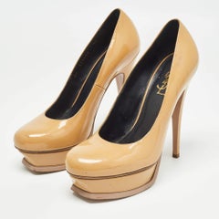 Saint Laurent Beige Patent Leather Tribtoo Platform Pumps Size 38