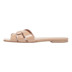 Saint Laurent Beige Patent Leather Tribute Flat Slides Size 36.5