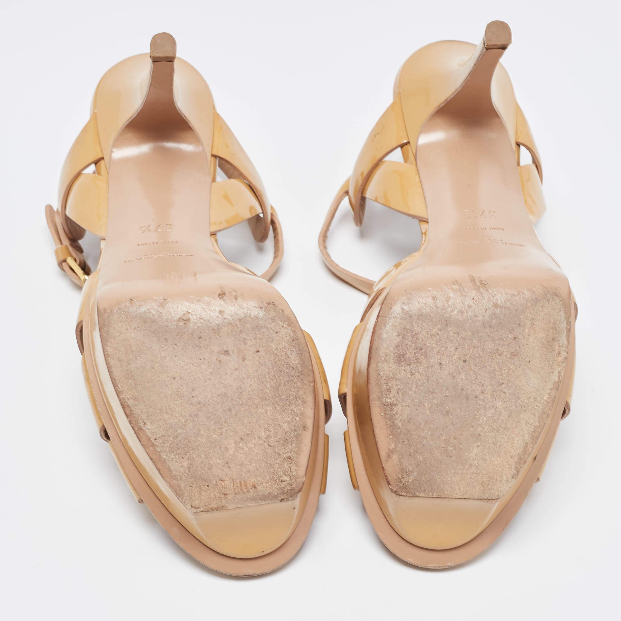 Saint Laurent Beige Patent Leather Tribute Platform Sandals Size 37.5 For Sale 1