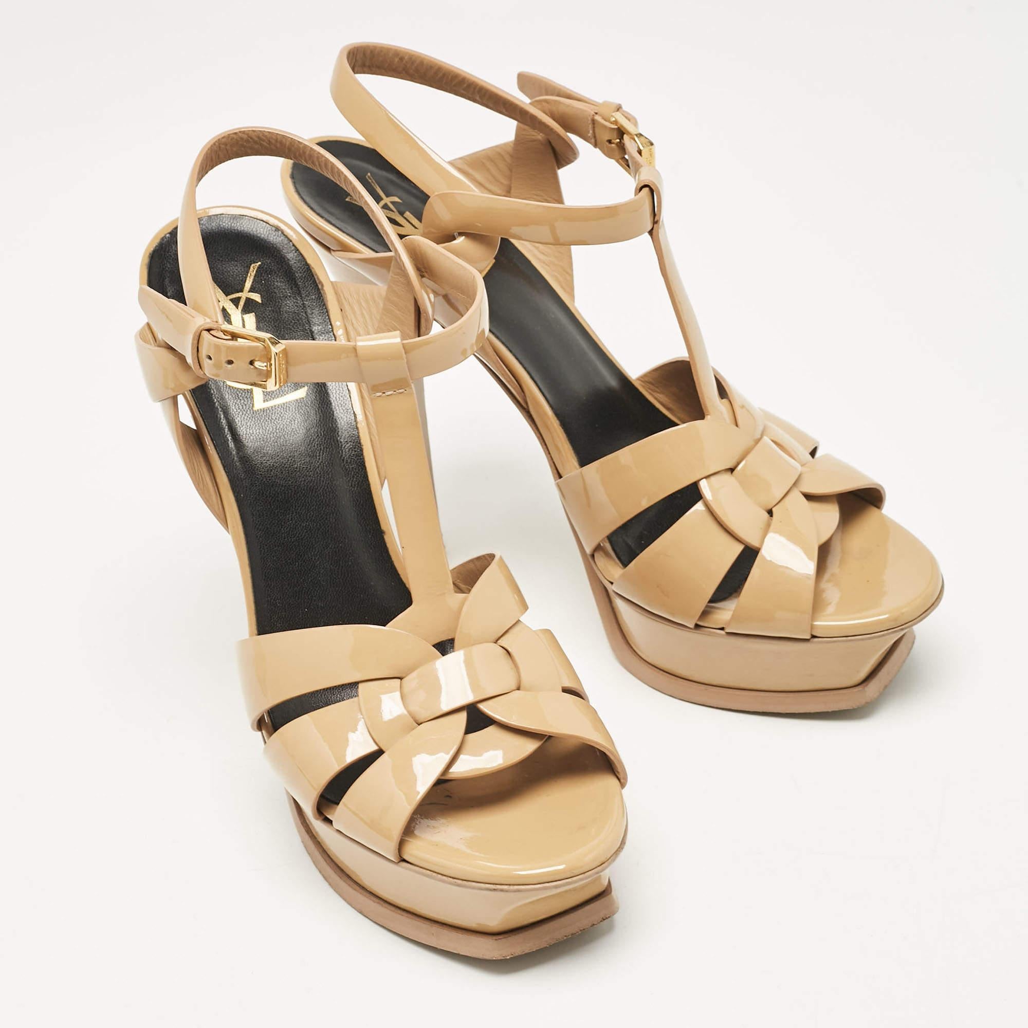Women's Saint Laurent Beige Patent Leather Tribute Sandals Size 37.5 For Sale