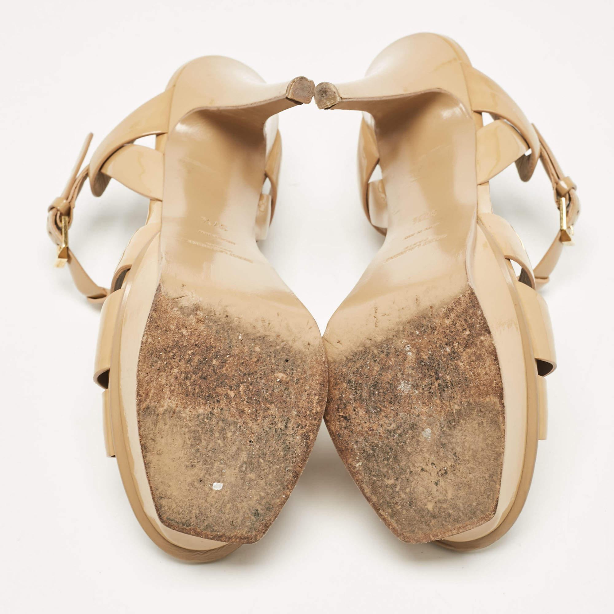 Saint Laurent Beige Patent Leather Tribute Sandals Size 37.5 For Sale 2