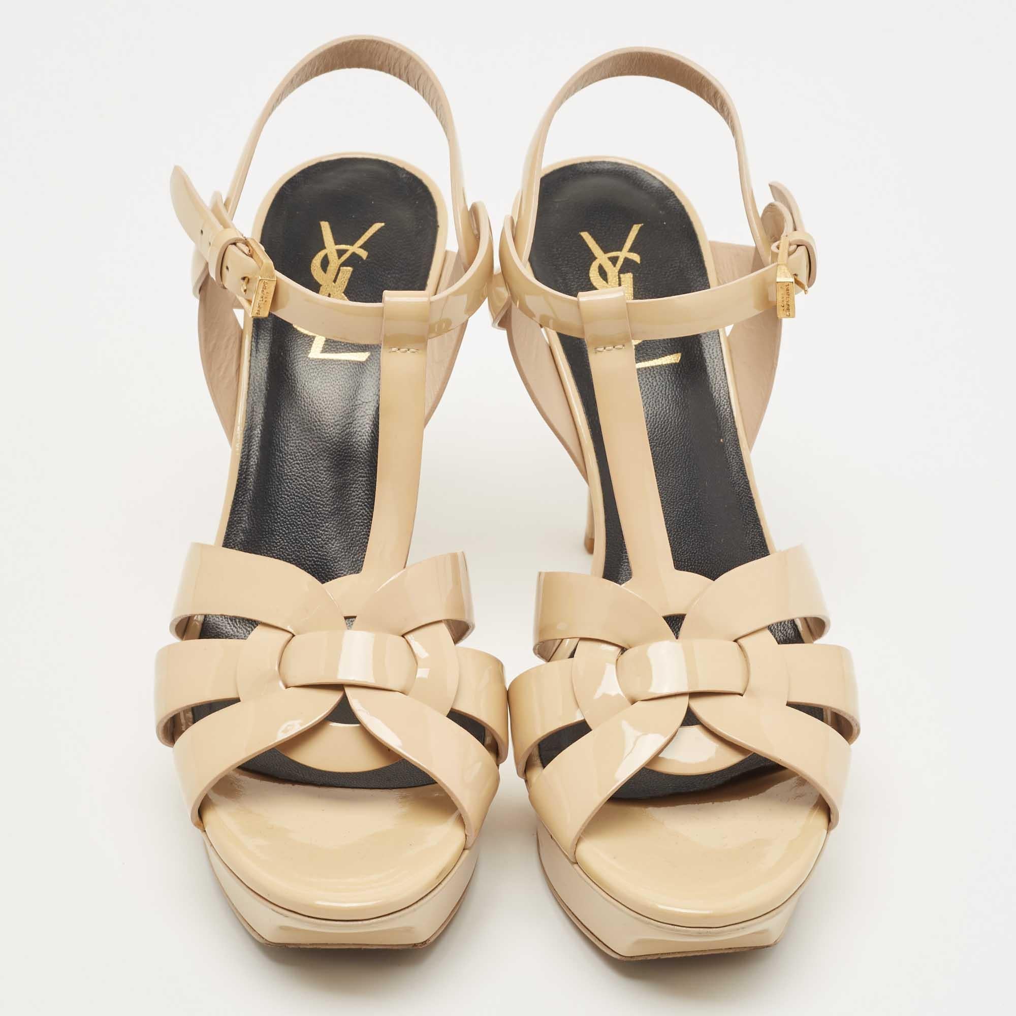 Women's Saint Laurent Beige Patent Tribute Ankle Strap Sandals Size 38