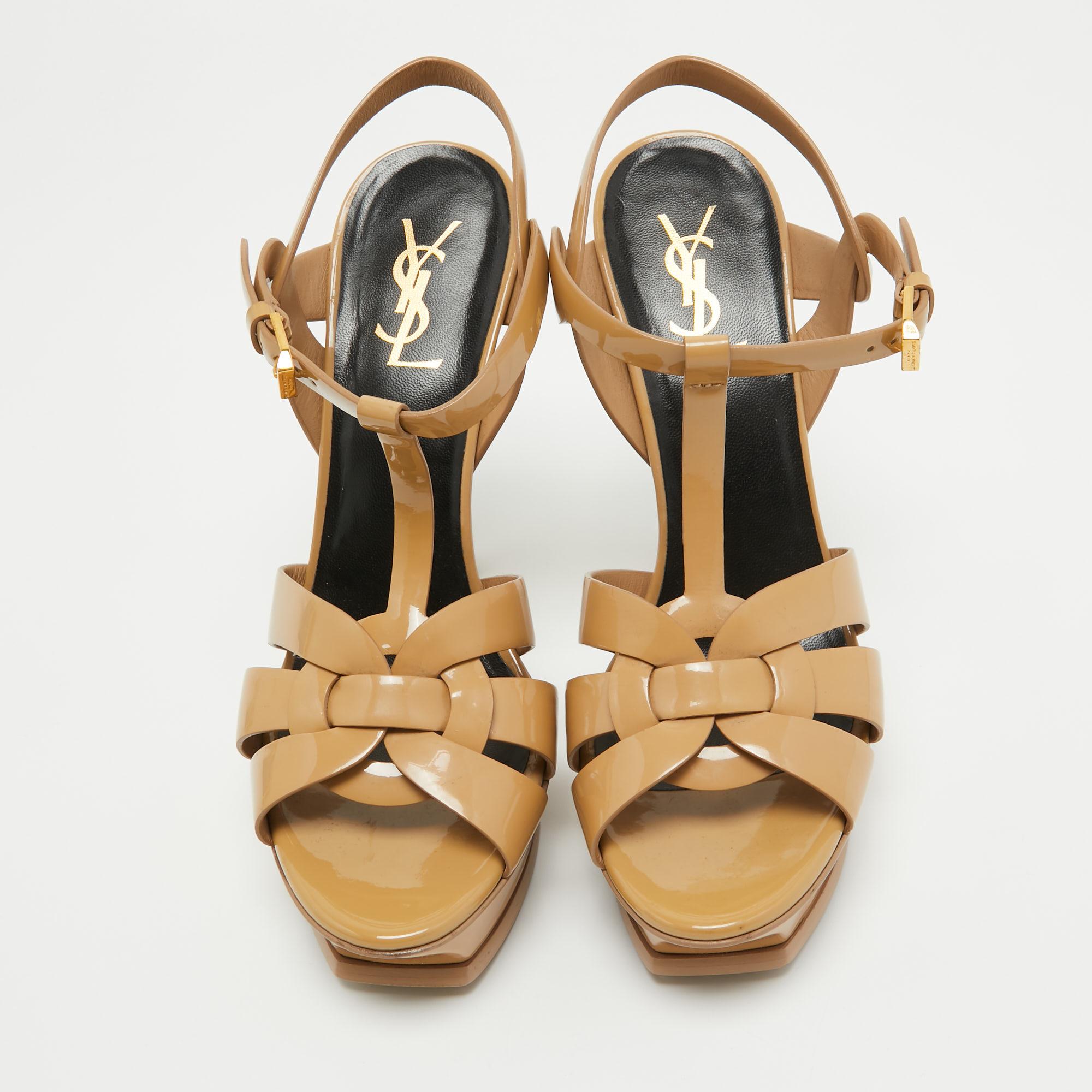 Saint Laurent Beige Patent Tribute Sandals Size 39 For Sale 1