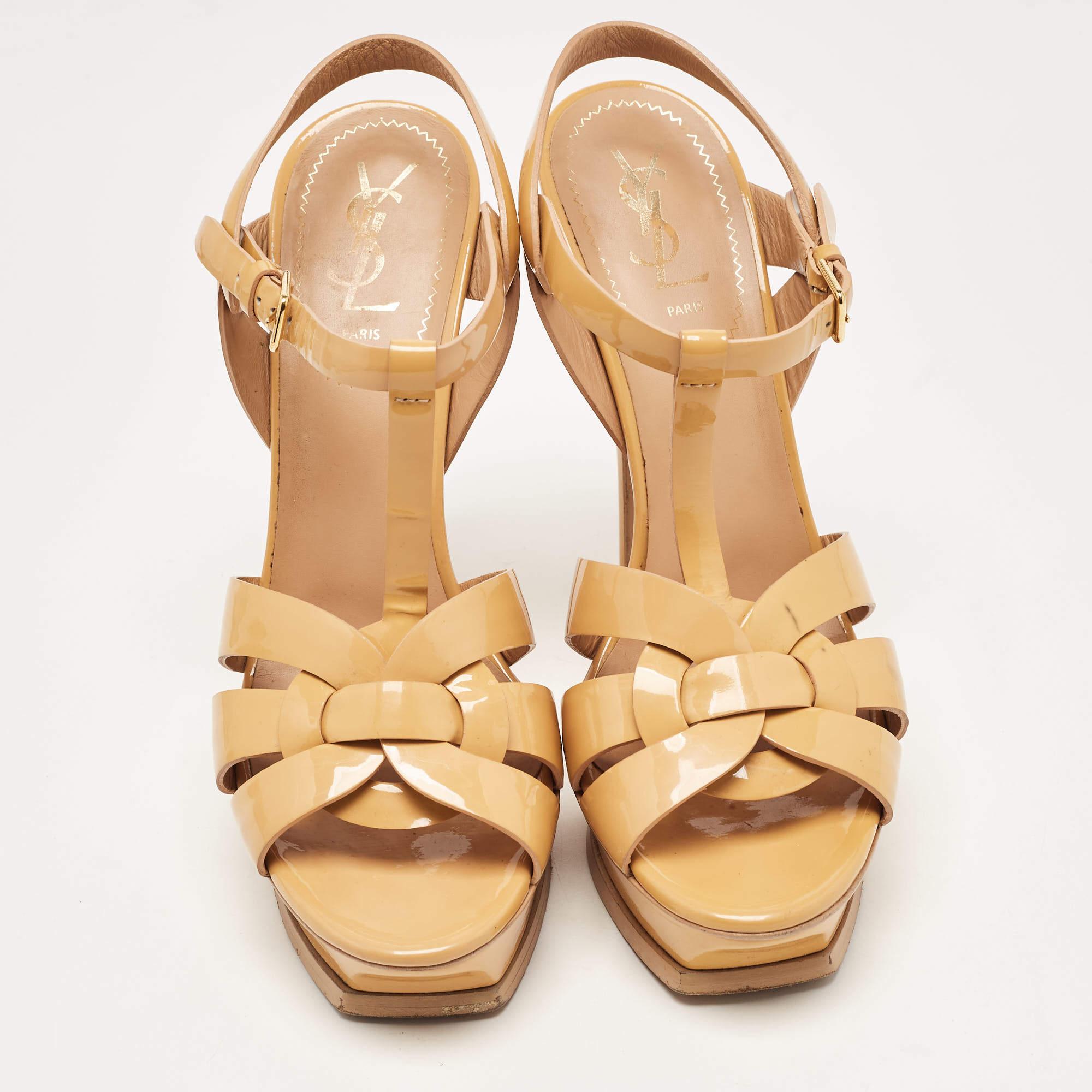 Women's Saint Laurent Beige Patent Tribute Sandals Size 40 For Sale