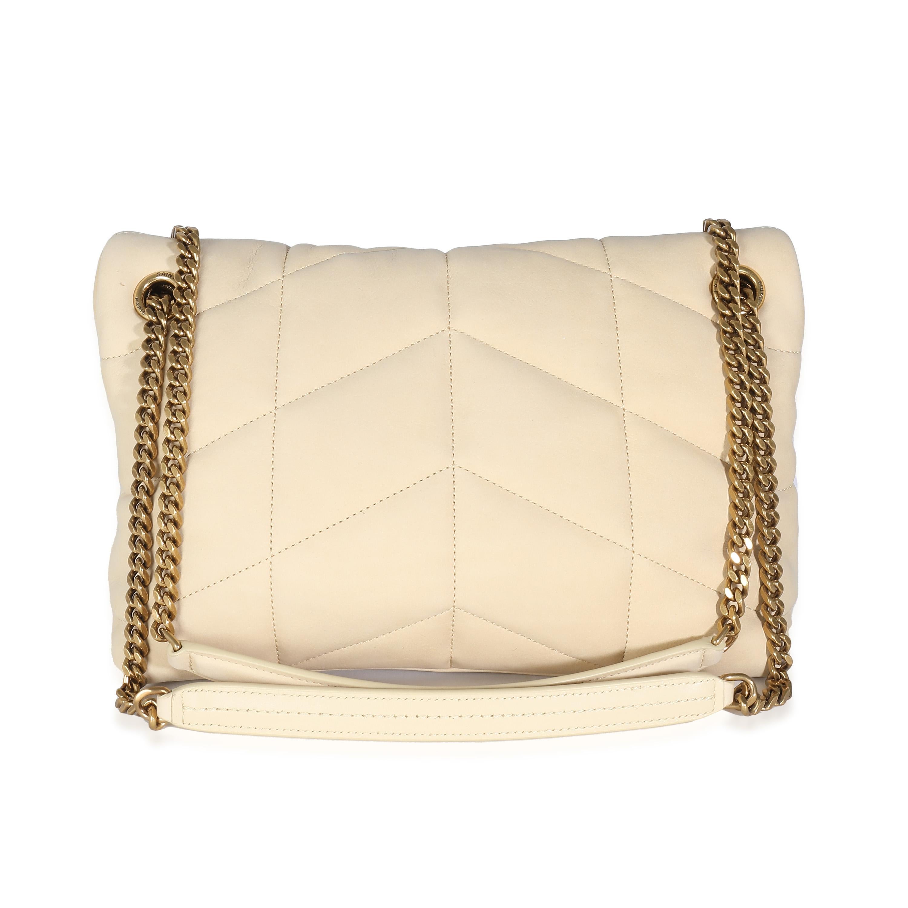 Listing Title: Saint Laurent Beige Quilted Nubuck Small Puffer Chain Bag
SKU: 139136
MSRP: 3350.00 USD
Condition: Pre-owned 
Handbag Condition: Excellent
Condition Comments: Item is in excellent condition and displays light signs of wear.  light