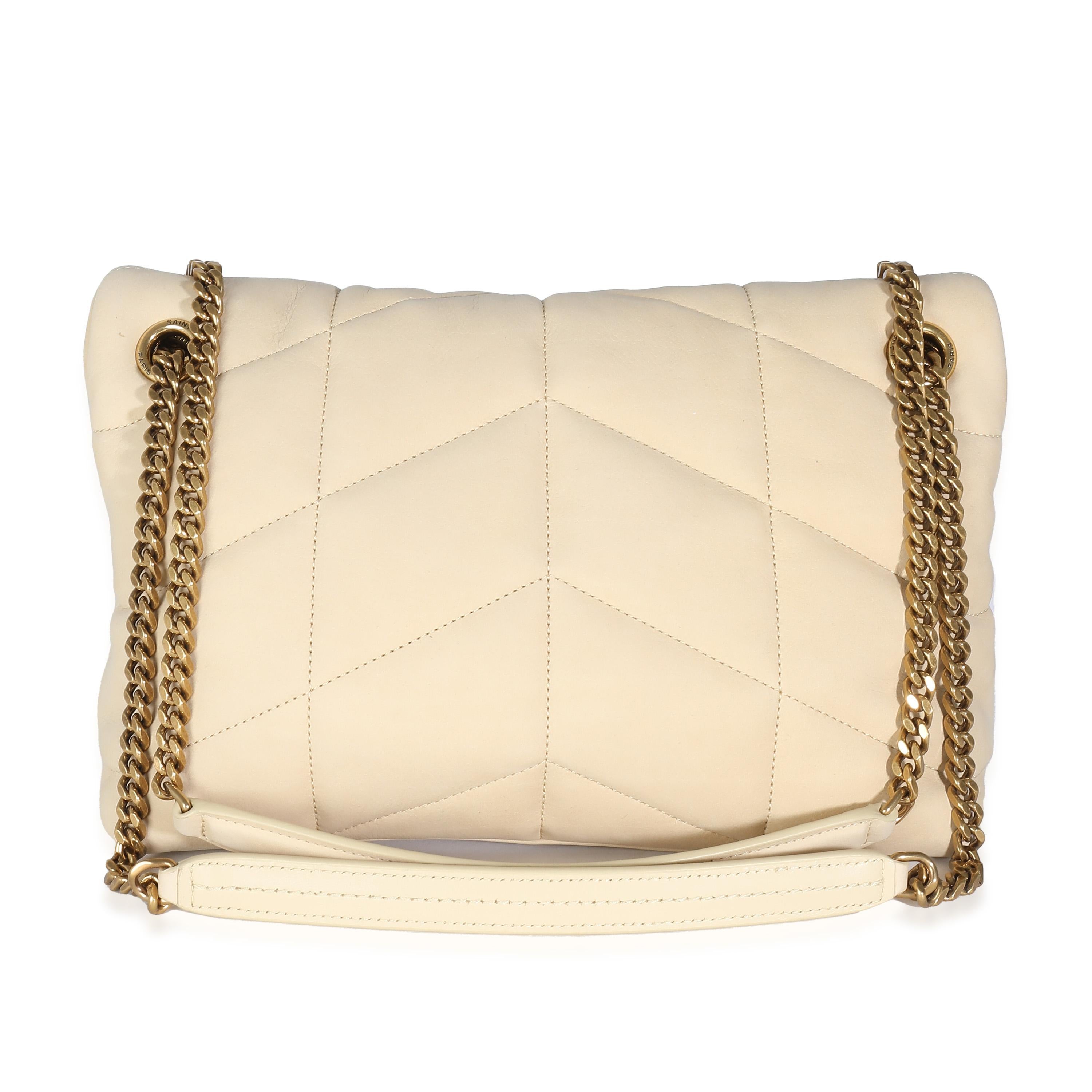 Listing Title: Saint Laurent Beige Quilted Nubuck Small Puffer Chain Bag
SKU: 139137
MSRP: 3350.00 USD
Condition: Pre-owned 
Handbag Condition: Excellent
Condition Comments: Item is in excellent condition and displays light signs of wear.  Light