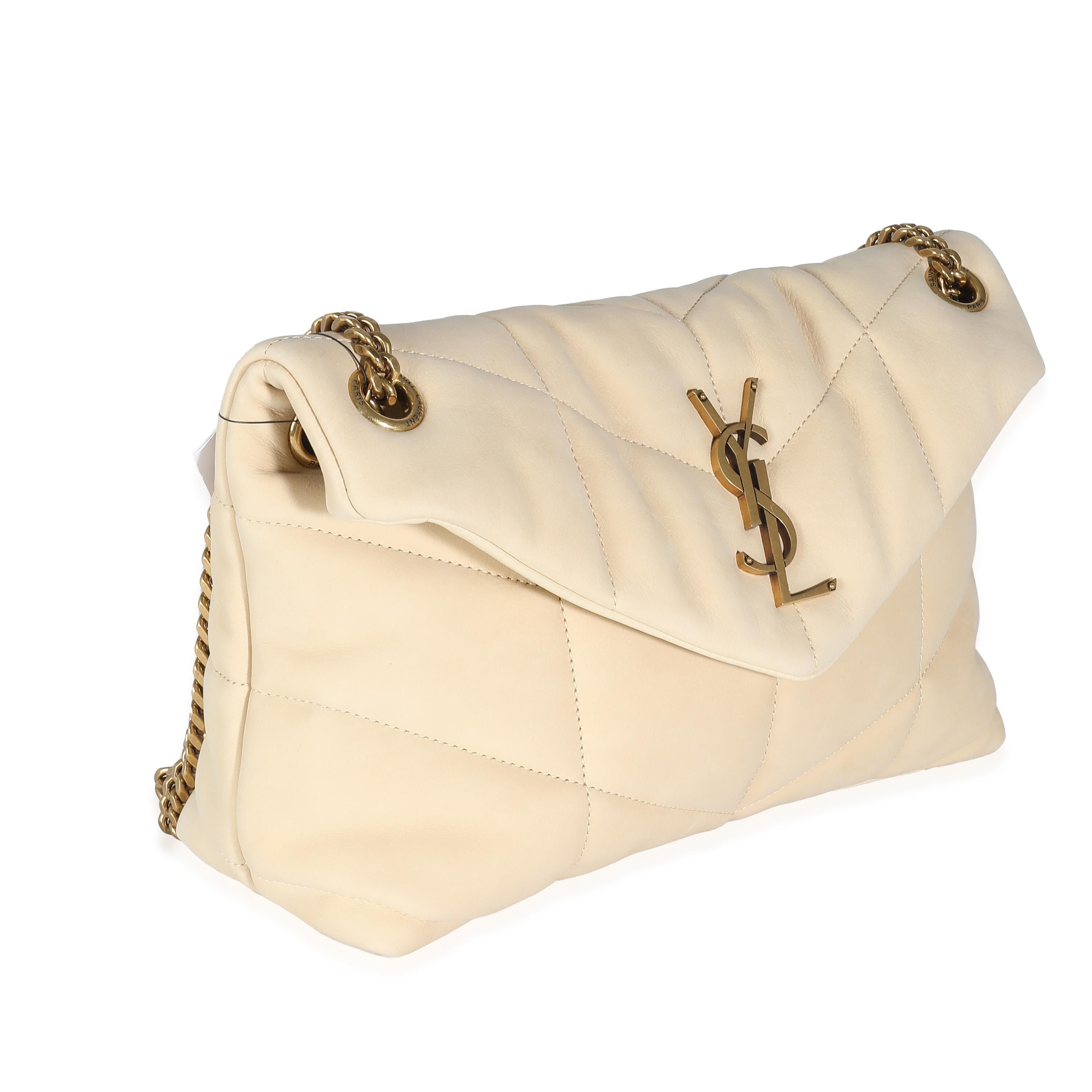 Saint Laurent Beige Quilted Nubuck Small Puffer Chain Bag In Excellent Condition For Sale In New York, NY