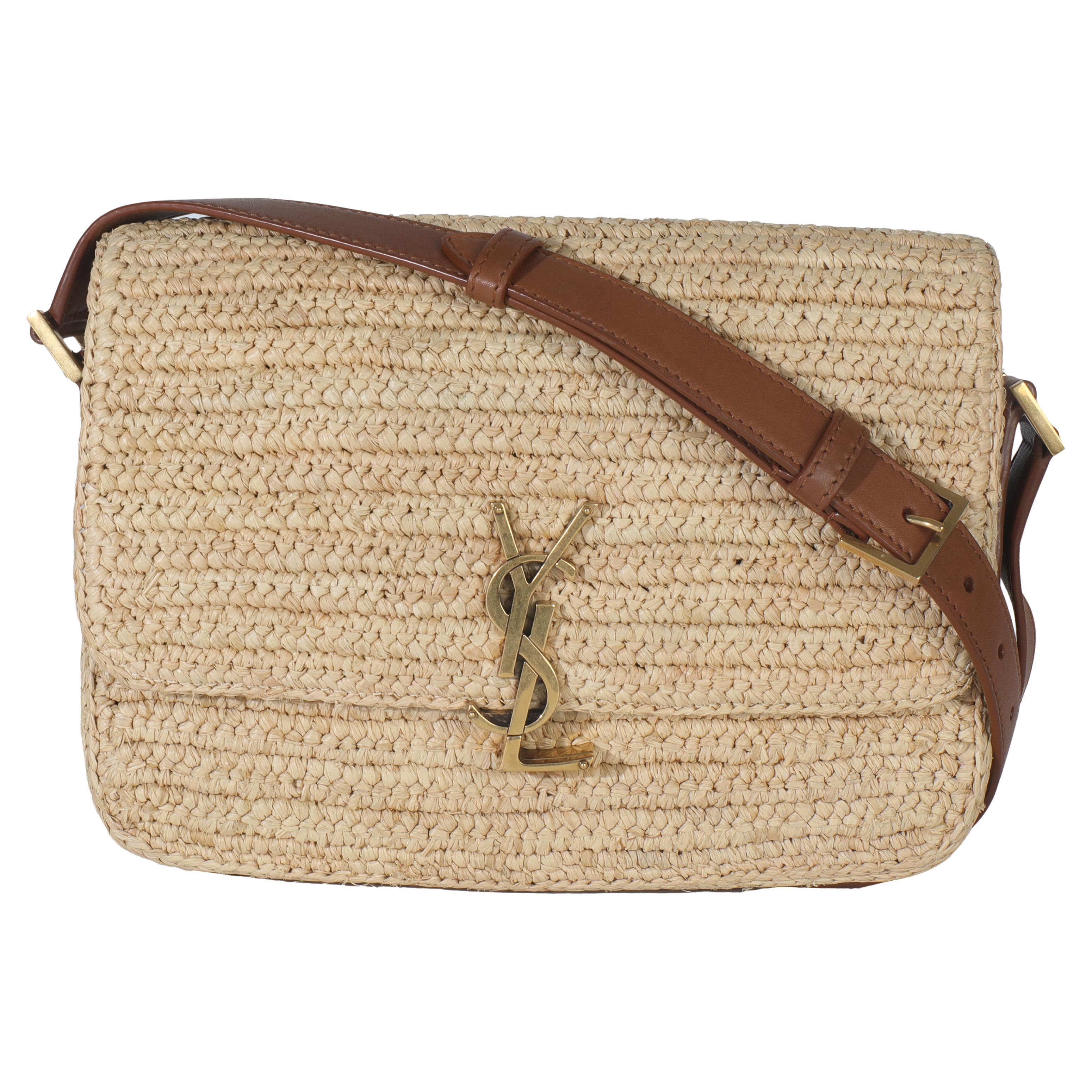 Saint Laurent Beige Raffia Tan Calfskin Medium Monogram Solferino Satchel in vendita