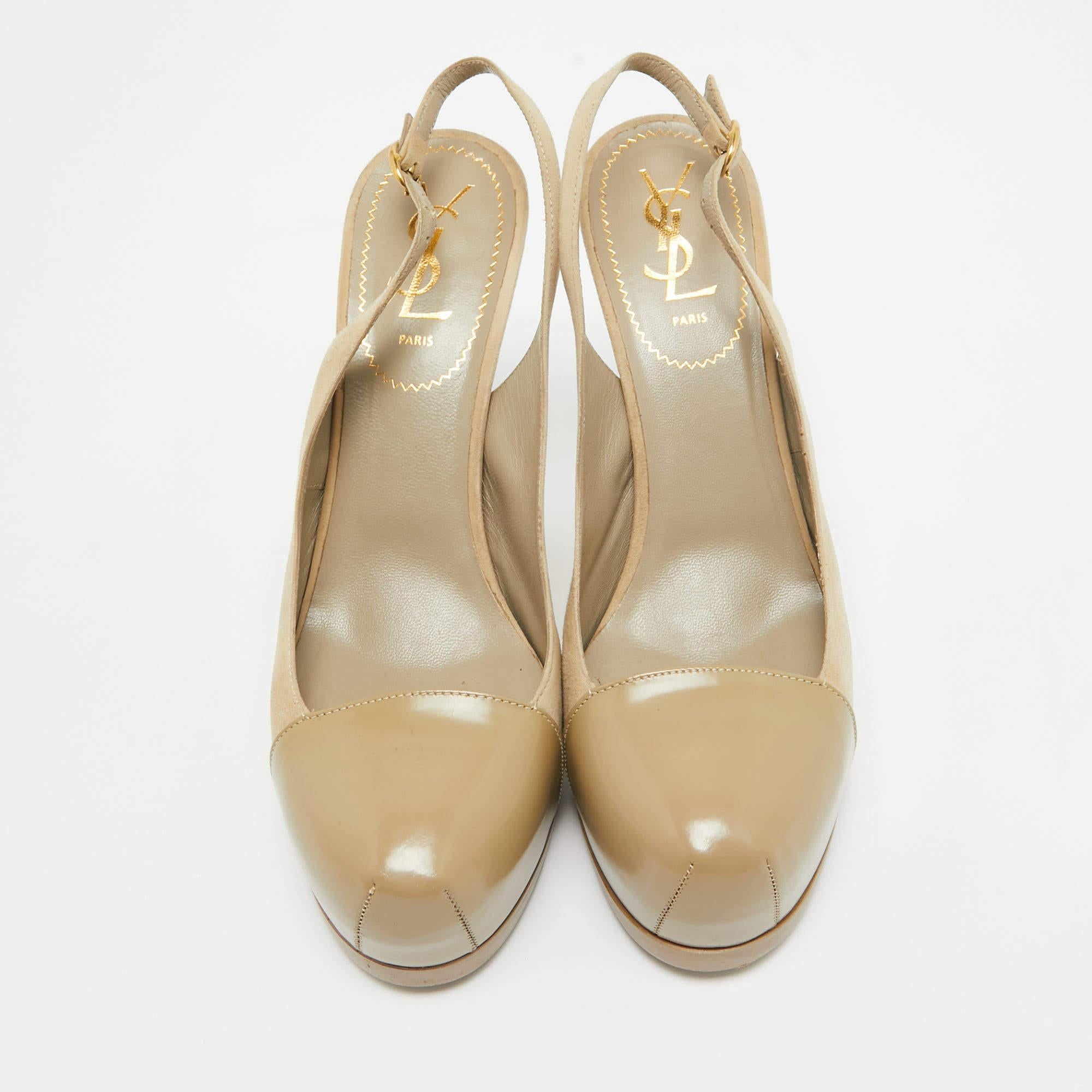 Beige Saint Laurent escarpins Tribtoo en daim et cuir beige taille 38,5 en vente