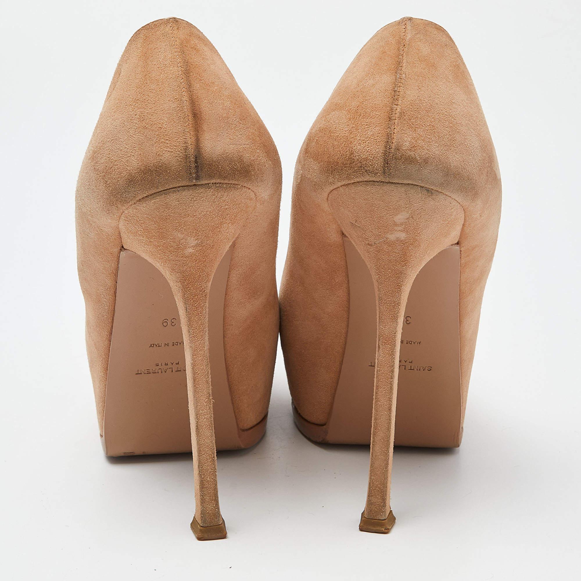 Saint Laurent escarpins Tribtoo à bout ouvert en daim et cuir verni beige taille 39 Pour femmes en vente