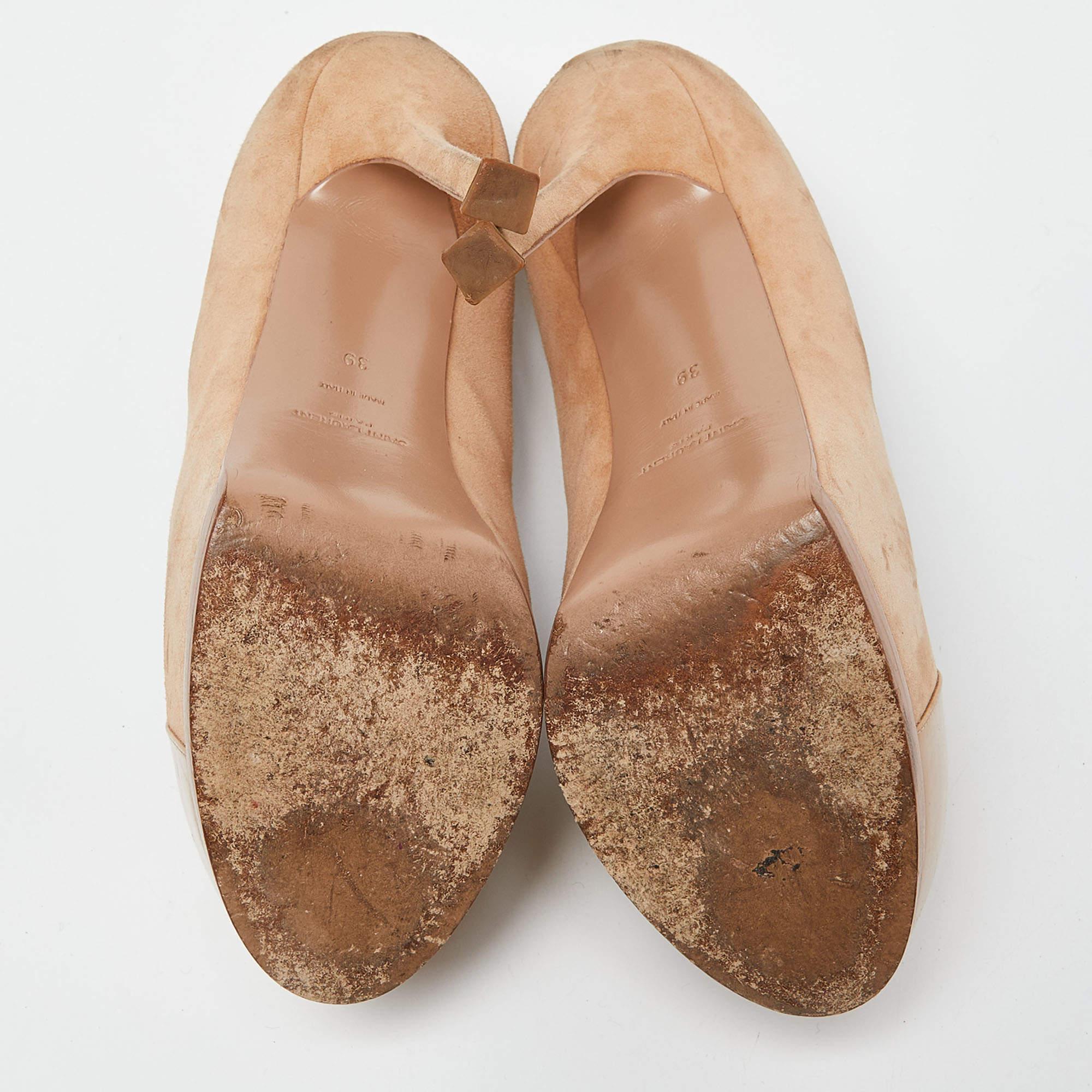 Saint Laurent escarpins Tribtoo à bout ouvert en daim et cuir verni beige taille 39 en vente 1