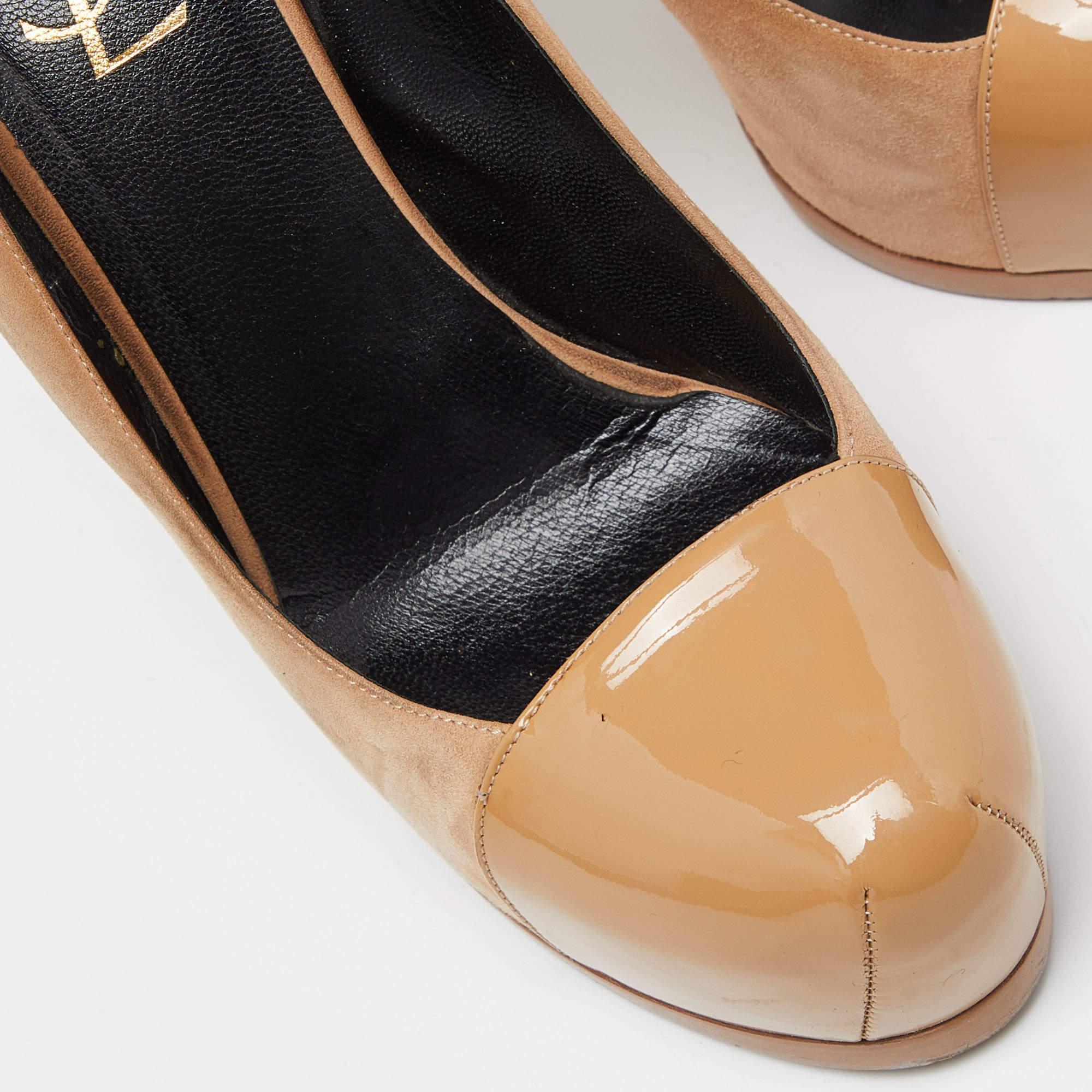 Saint Laurent escarpins Tribtoo à bout ouvert en daim et cuir verni beige taille 39 en vente 2