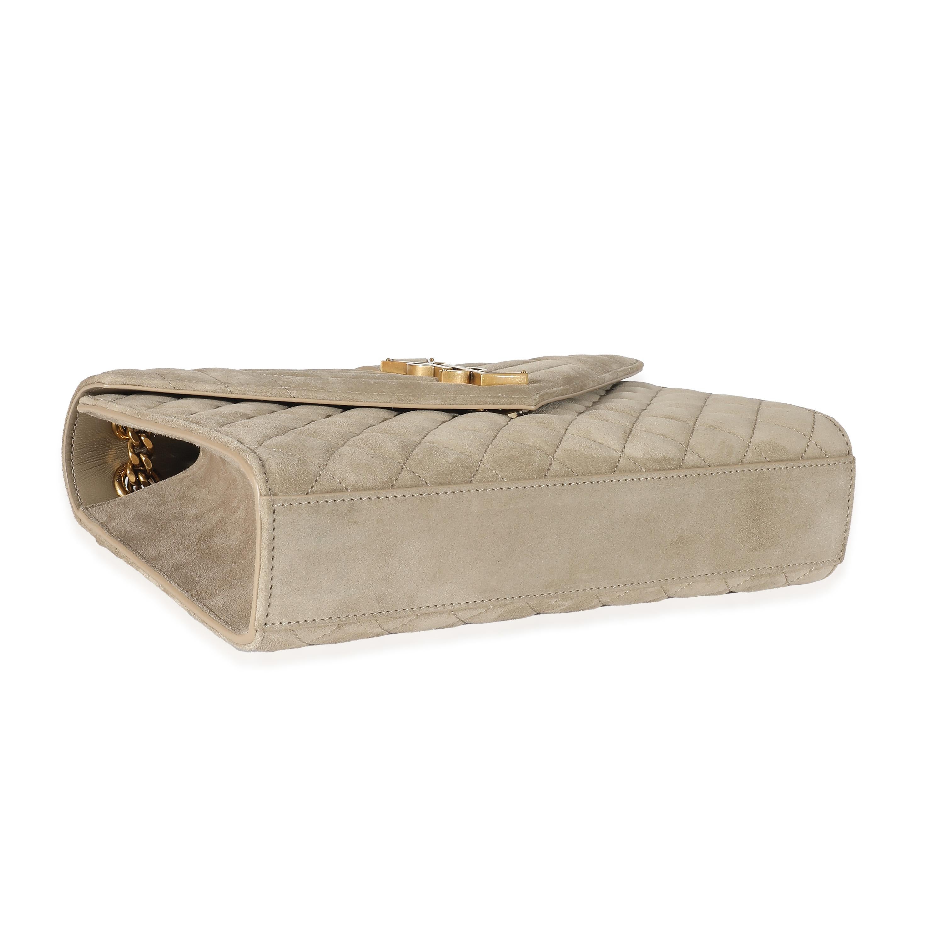 Listing Title: Saint Laurent Beige Suede Mixed Matelasse Triquilt Medium Monogram Envelope Satc
SKU: 136004
MSRP: 3100.00 USD
Condition: Pre-owned 
Handbag Condition: Pristine
Brand: Saint Laurent
Model: Medium Monogram Envelope Satchel
Origin