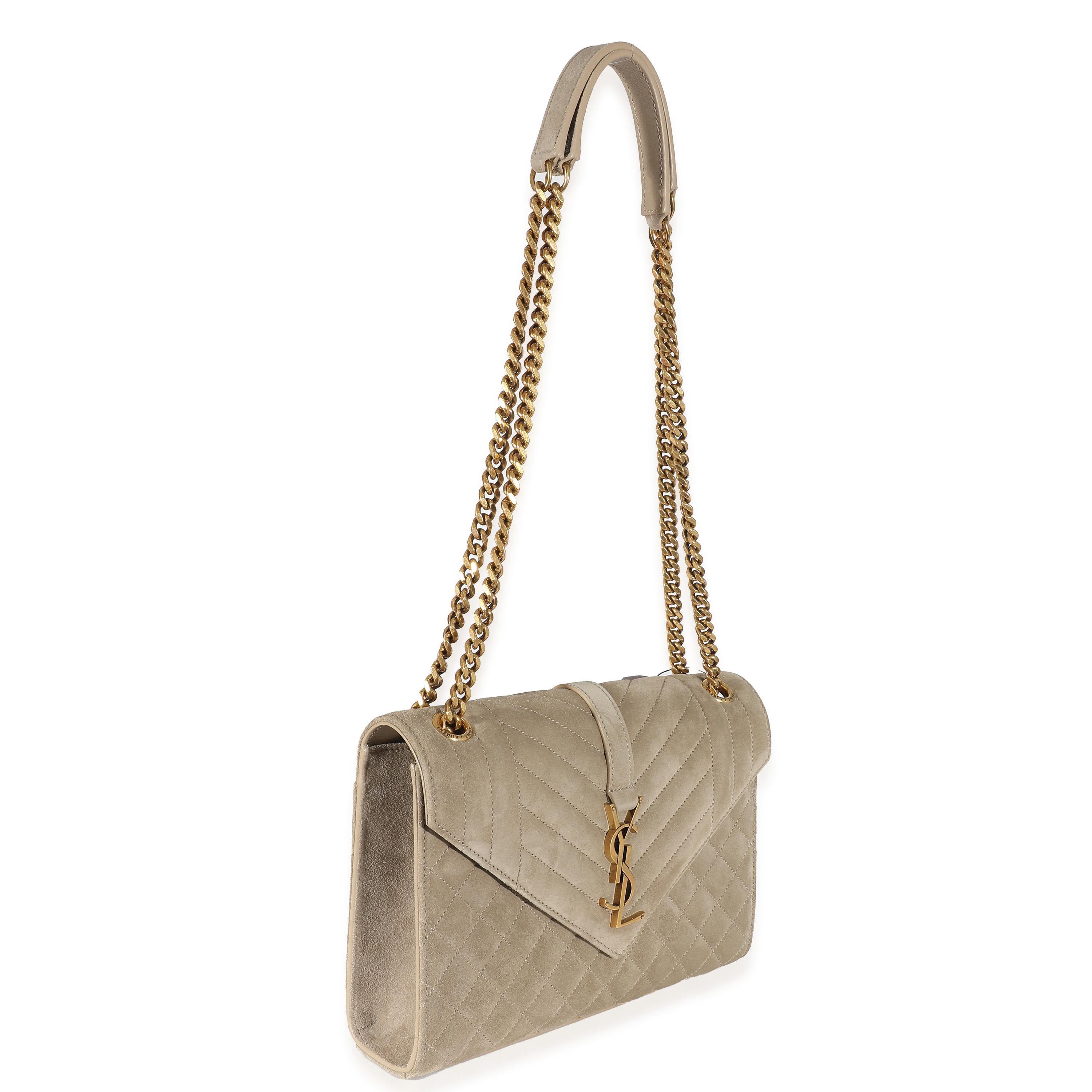 Saint Laurent Beige Suede Mixed Matelasse Triquilt Medium Monogram Envelope Satc In Excellent Condition In New York, NY