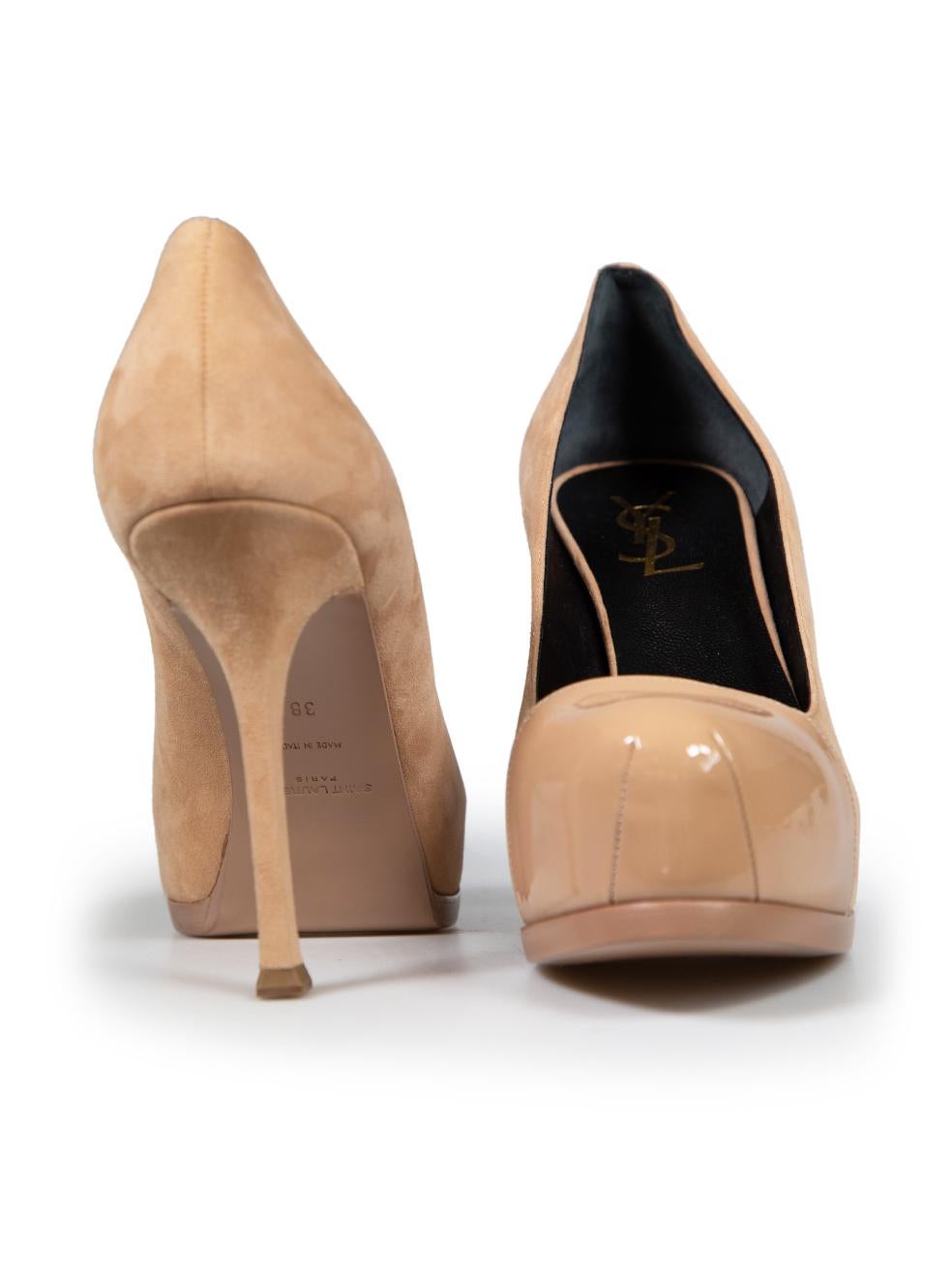 Saint Laurent Beige Suede & Patent Tribtoo Heels Size IT 38 In Excellent Condition In London, GB