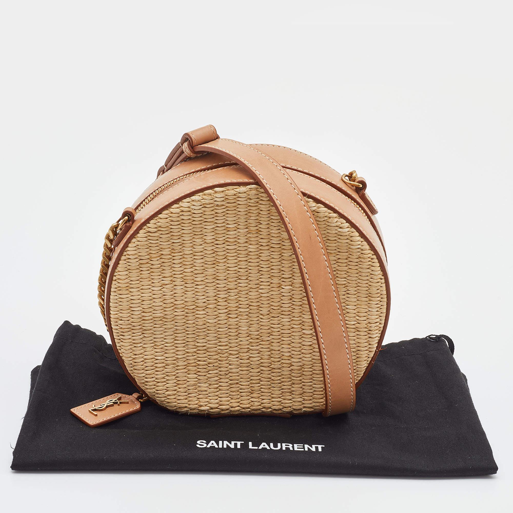 Saint Laurent Beige/Tan Raffia and Leather Small Mica Crossbody Bag 7