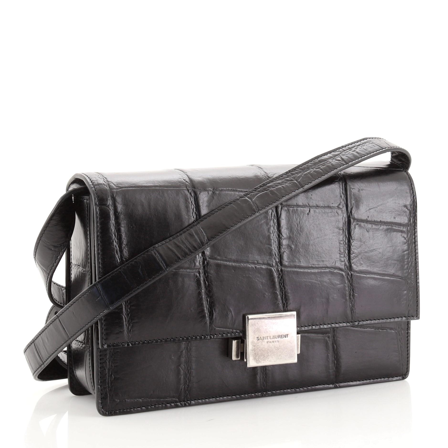 Black Saint Laurent Bellechasse Shoulder Bag Crocodile Embossed Leather Medium