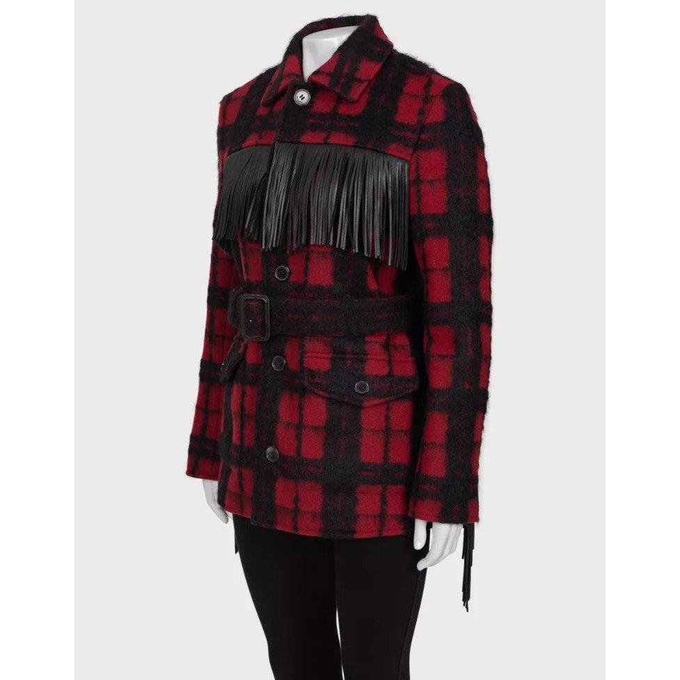 Elevate your wardrobe with this stunning Saint Laurent jacket! Crafted from a luxurious wool and mohair blend, this jacket features a timeless checked pattern with chic leather trims. 

The belted waist creates a flattering silhouette, while the