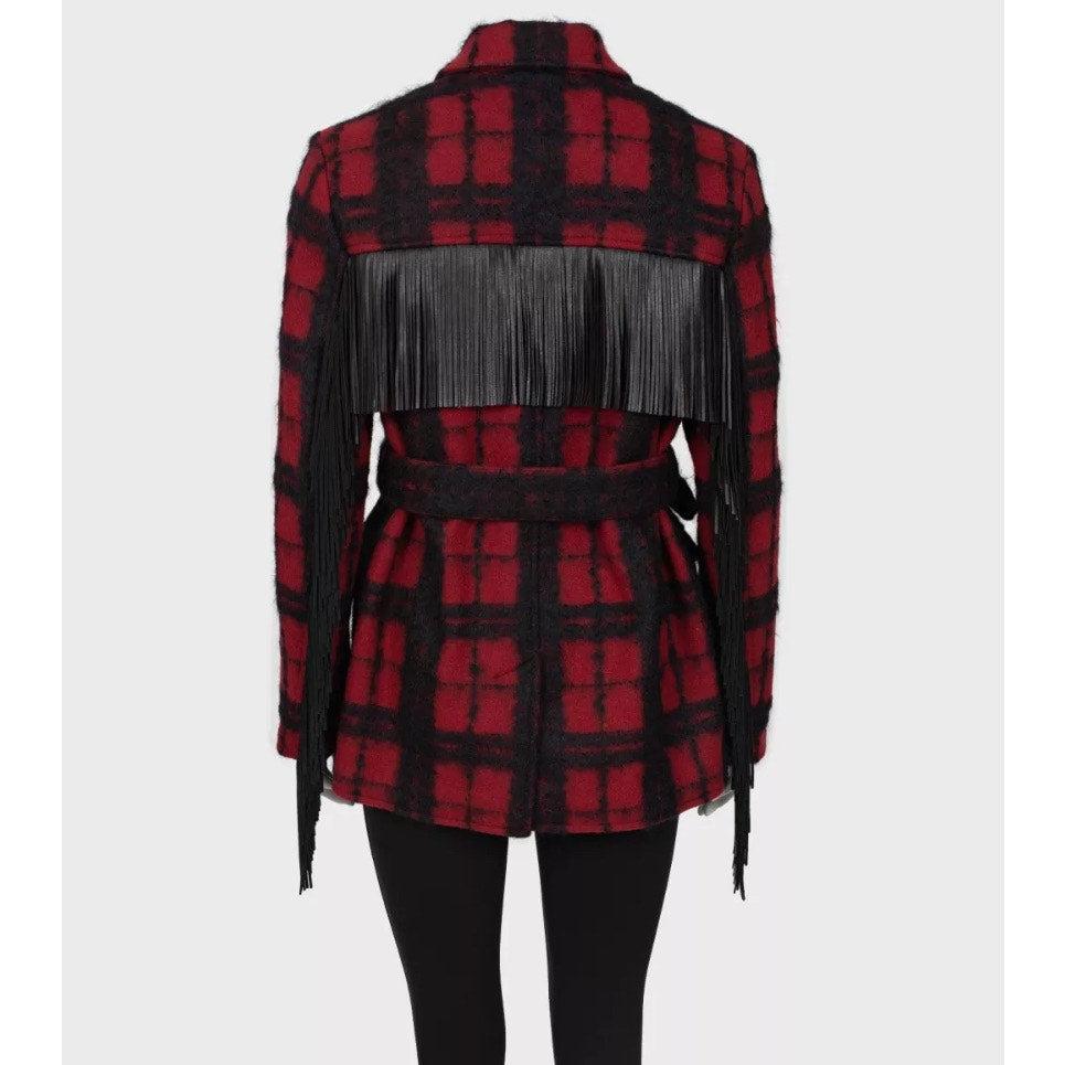Black Saint Laurent Belted Fringed Checked Wool Coat Jacket  Sz. 42 For Sale