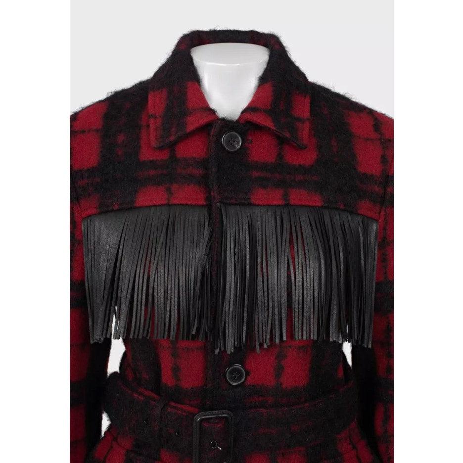 Saint Laurent Belted Fringed Checked Wool Coat Jacket  Sz. 42 In Good Condition For Sale In Krakow, PL