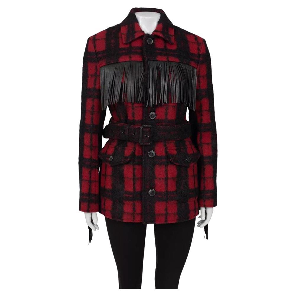 Saint Laurent Belted Fringed Checked Wool Coat Jacket (Manteau de laine à carreaux avec ceinture) Sz. 42
