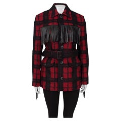 Saint Laurent Belted Fringed Checked Wool Coat Jacket (Manteau de laine à carreaux avec ceinture) Sz. 42