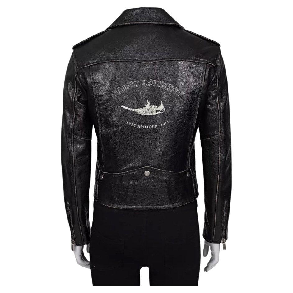 Saint Laurent Bird-Print Black Leather Jacket - Size FR40