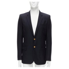 SAINT LAURENT black 100% virgin wool gold button silk lined blazer jacket EU50 L