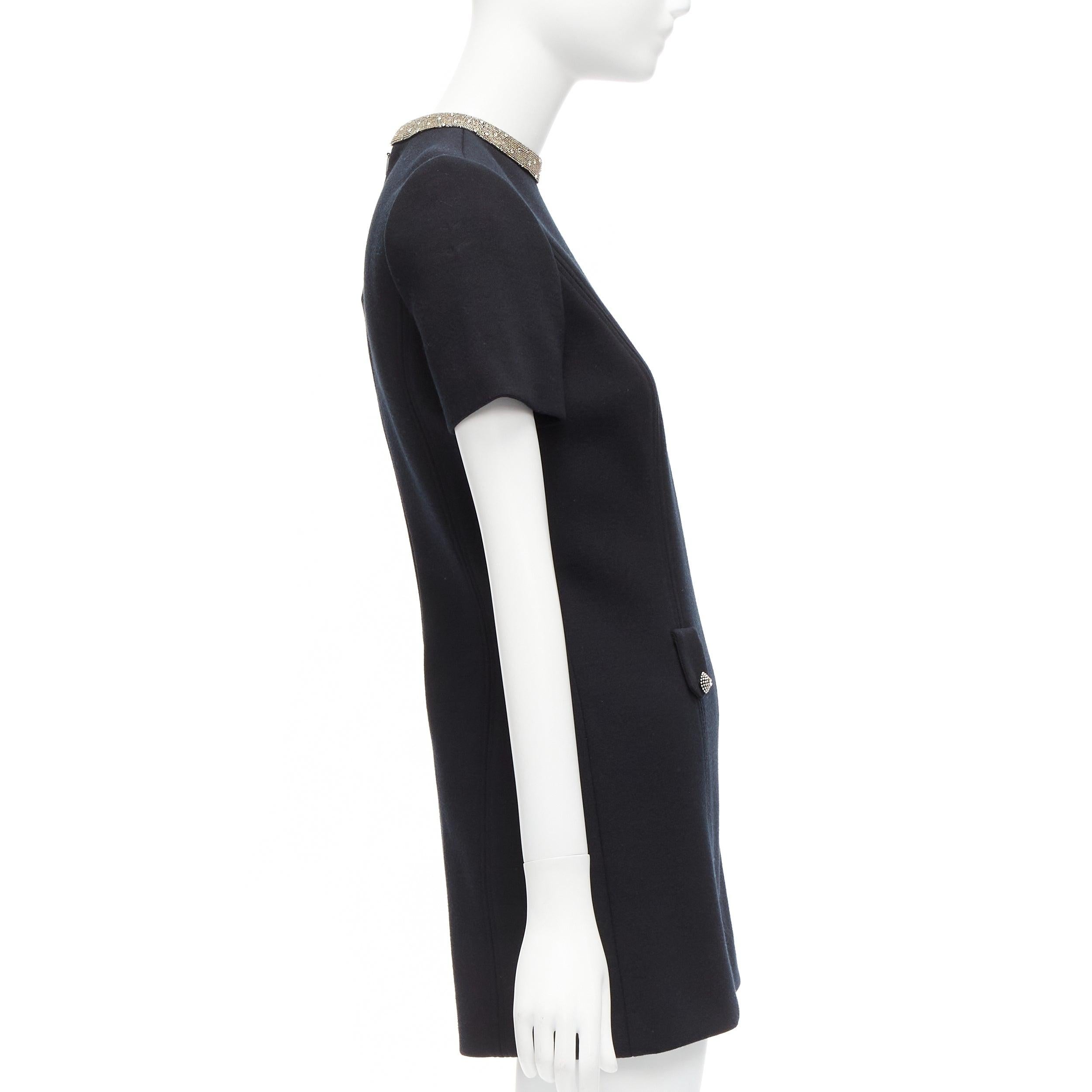 Women's SAINT LAURENT black 100% wool diamante collar silk lined shift dress FR36 S For Sale