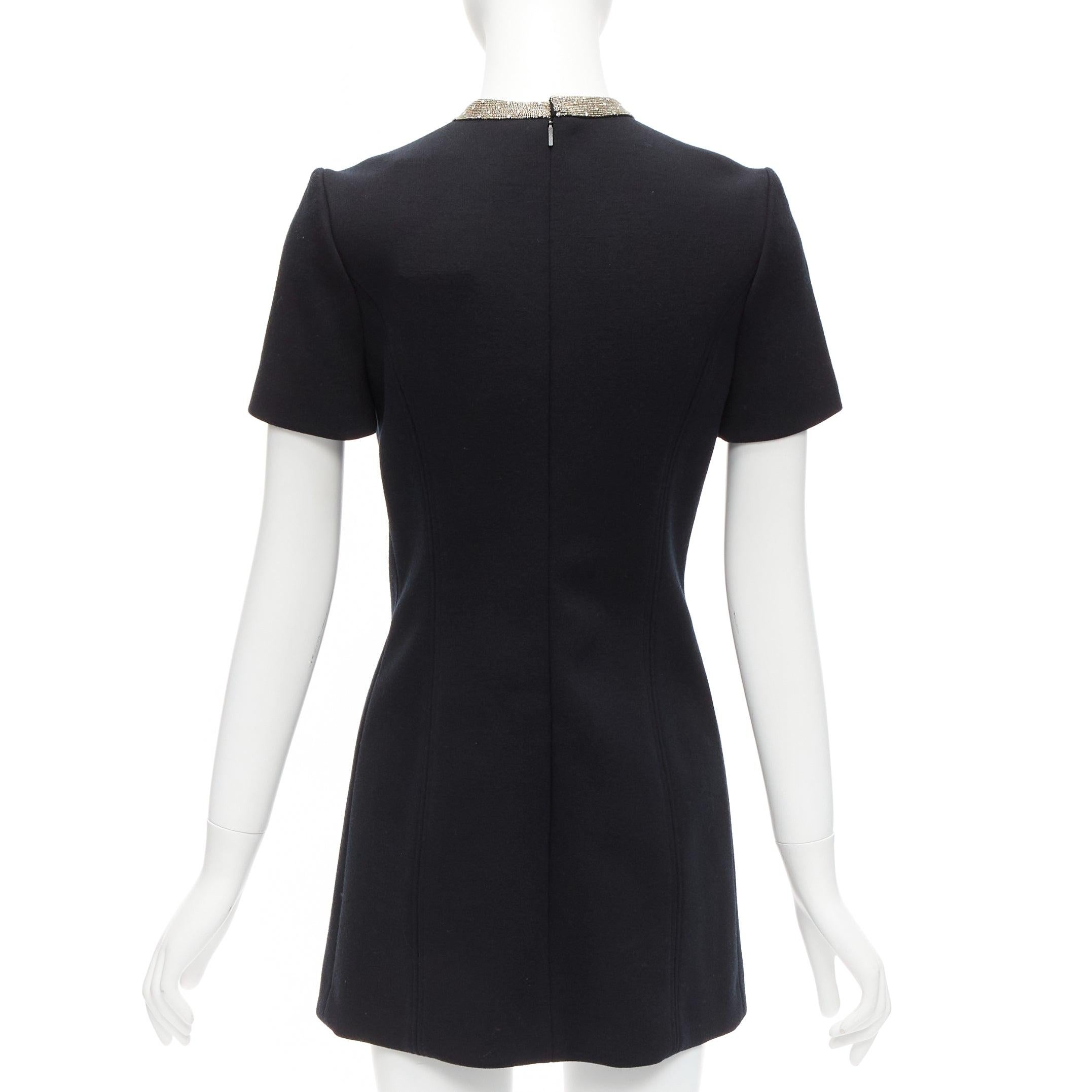SAINT LAURENT black 100% wool diamante collar silk lined shift dress FR36 S For Sale 1